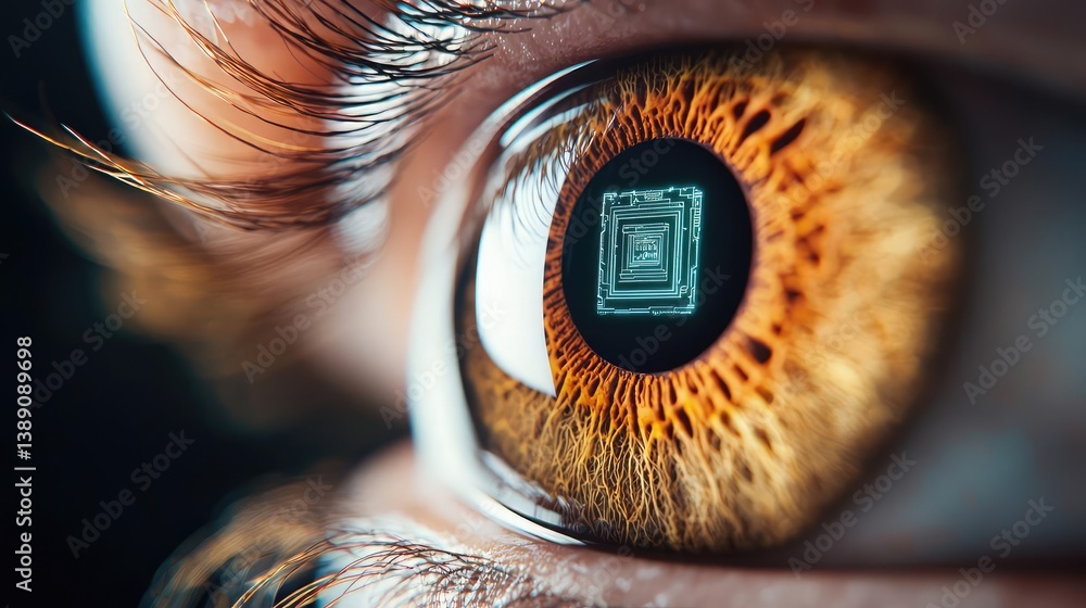 Aufkleber close-up human eye with artificial technology interface concept. close-up of an eye with a computer 
