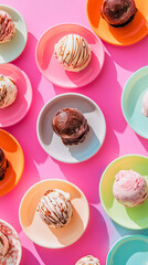 This top-down view captures a scoop of ice cream artfully placed on a vibrant, colorful plate. The ice cream, rich and creamy, contrasts beautifully with the bright hues of the dish, making it visuall