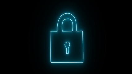 Neon lock icon animation. Close protection padlock privacy sign symbol on black background.