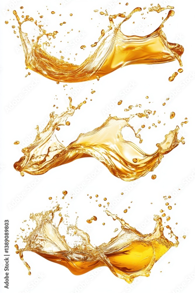Poster dynamic liquid splash with golden hue creating abstract shapes on a clean white background for desig
