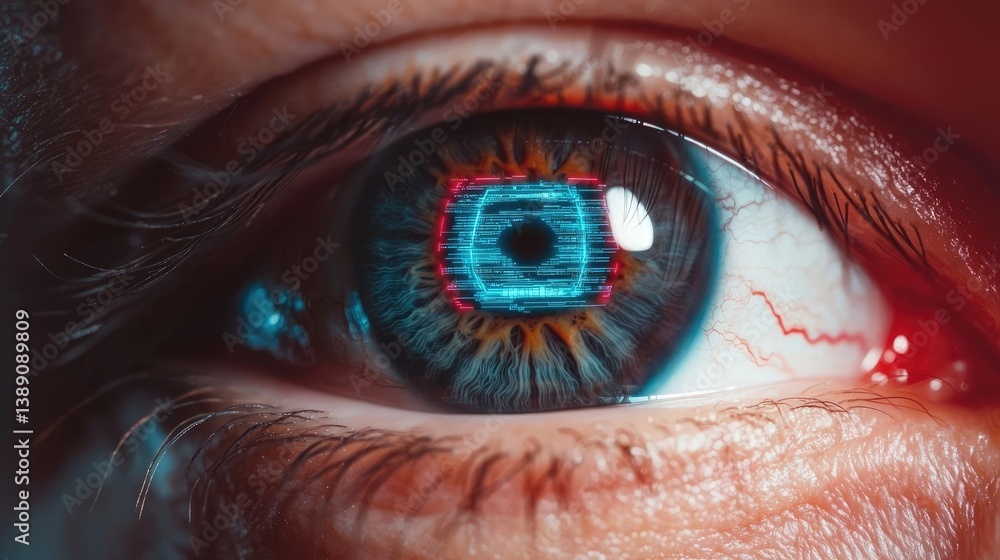 Poster Close-up human eye with artificial technology interface concept. Close-up of a futuristic eye with digital elements.