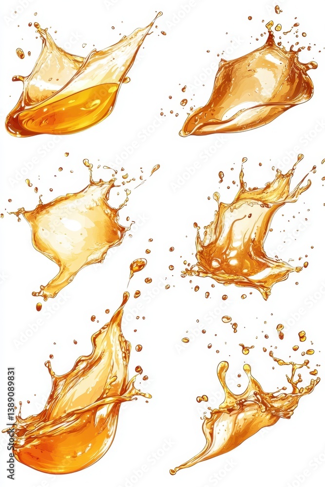 Aufkleber dynamic liquid splash collection with golden hue against white backdrop capturing fluid motion and a
