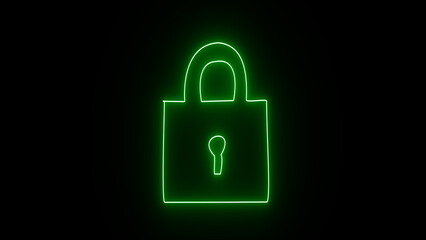 Neon lock icon animation. Close protection padlock privacy sign symbol on black background.