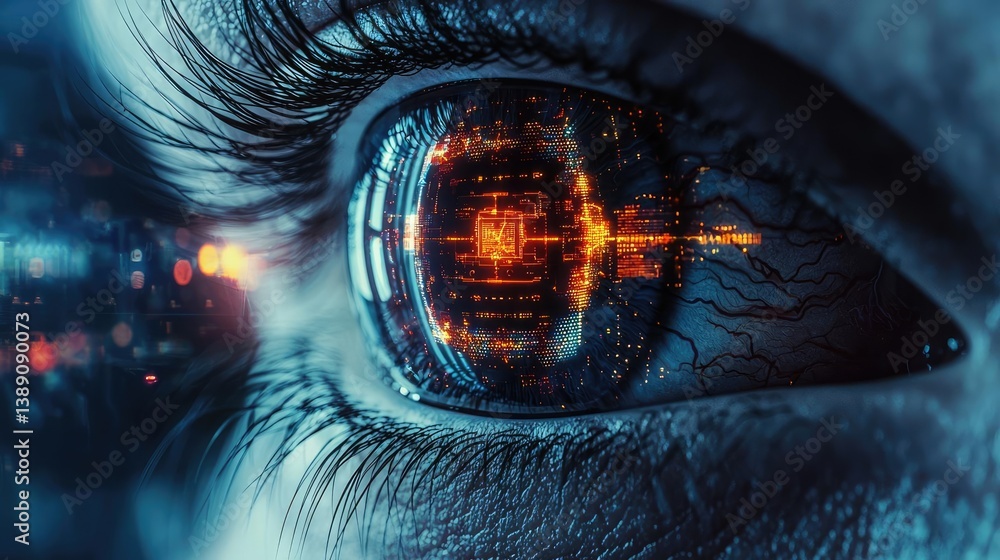 Poster Close-up human eye with artificial technology interface concept. Close-up of a futuristic eye with digital elements and circuitry.