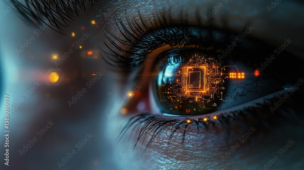 Poster close-up human eye connected to digital intelligence concept. close-up of an eye reflecting digital 