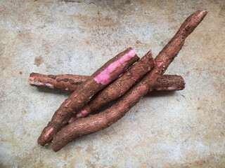 Piles of Freshly harvested cassava with naturally exposed pinkish skin, highlighting its vibrant...