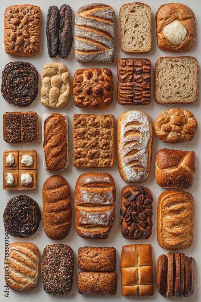 Poster an overhead still life of assorted breads featuring various shapes crusts and toppings on a white ba