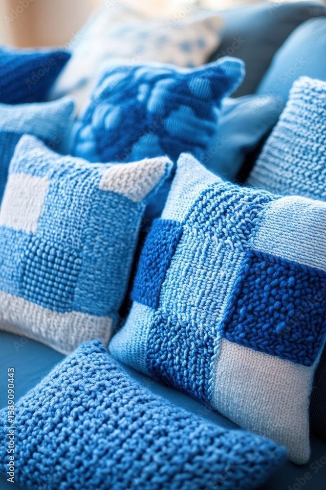 Poster serene blue cushions with intricate knit patterns creating a cozy inviting atmosphere for relaxation
