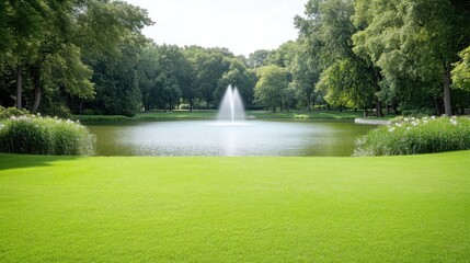 Serene Pond Fountain Lush Greenery Bright, Natural Lighting Wide Landscape Shot Vibrant Water Feature Tranquil Park Setting Summery Green Tones Ideal for Relaxation Imagery