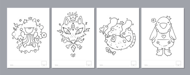 Doodle coloring page for children and adults. Black and white vector characters. Vector doodle illustration