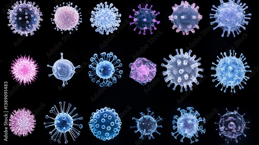 Aufkleber an array of various virus structures in shades of blue and pink against a black background display