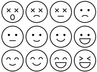 表情アイコンセット　良い・悪い・評価・満足度・感情を表すシンプルな線画イラスト（モノクロ）