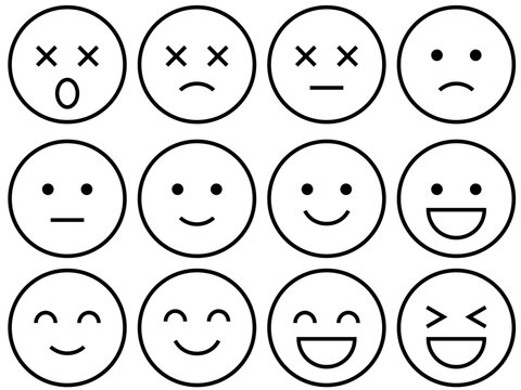 Naklejki 表情アイコンセット　良い・悪い・評価・満足度・感情を表すシンプルな線画イラスト（モノクロ）