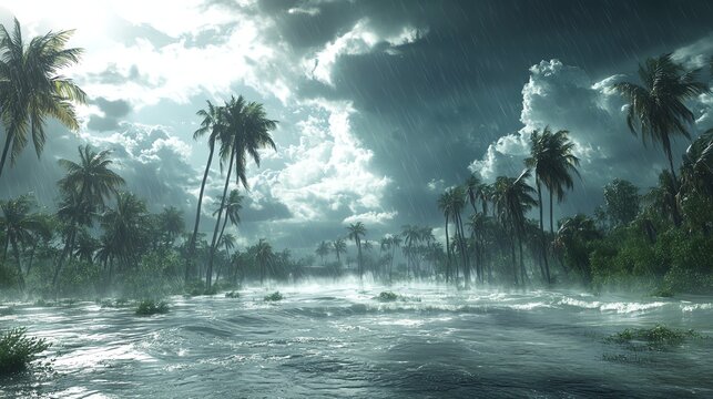 Dramatic tropical storm, palm trees, flooding.