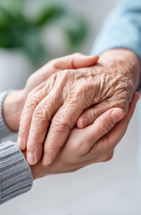 caring moment at home as younger person gently holds hands of elderly individual, symbolizing compassion and support in daily care routines