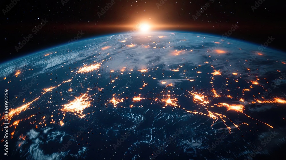 Aufkleber earth with glowing network powered by cloud technology concept. a stunning view of earth from space 