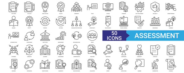 Assessment icon collection set with test paper, to do list, user location, validity, workshop