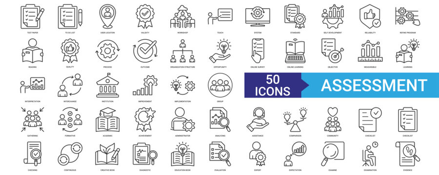 Assessment icon collection set with test paper, to do list, user location, validity, workshop