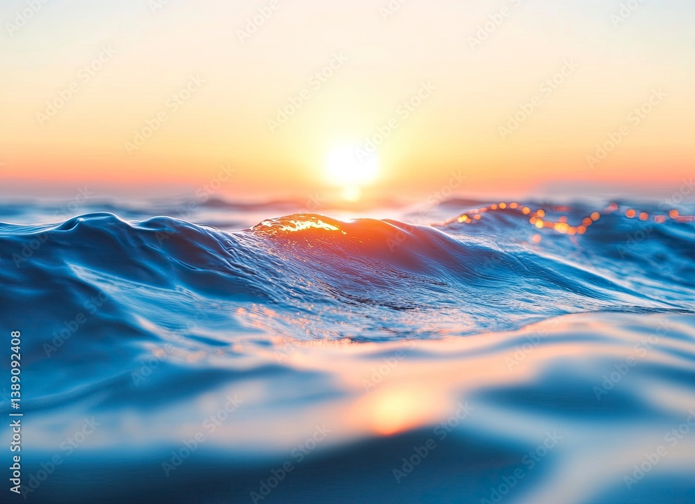 Poster blurred seawater with a sunset background. minimalist seascape. water surface in the ocean. soft foc