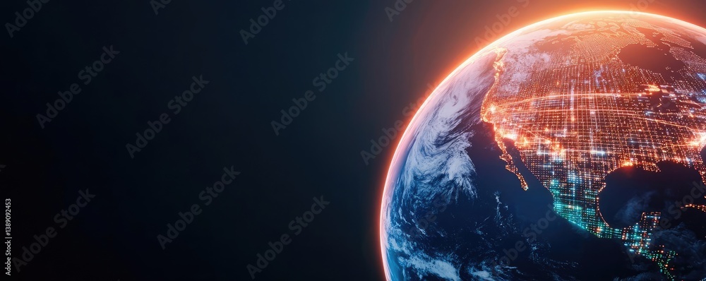 Poster earth with glowing network and wireless internet grid concept. illustration of planet earth showcasi