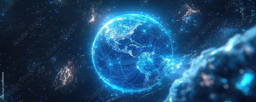 Poster Earth with glowing network highlighting global cloud data concept. Futuristic digital globe with interconnected networks in space.