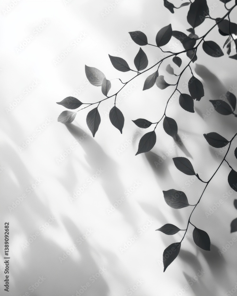 Aufkleber elegant grayscale photograph of a delicate branch with leaves casting soft shadows on a textured whi