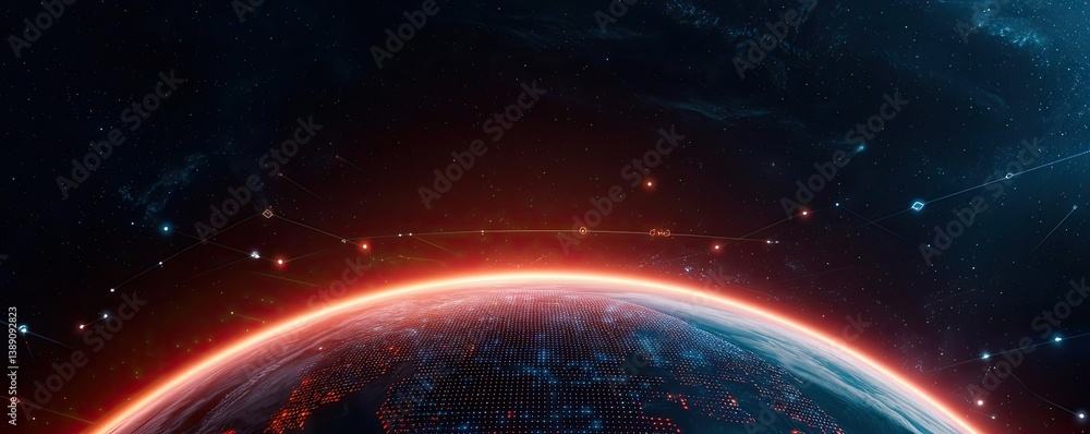 Poster earth with glowing network and wireless internet grid concept. stunning view of earth surrounded by 