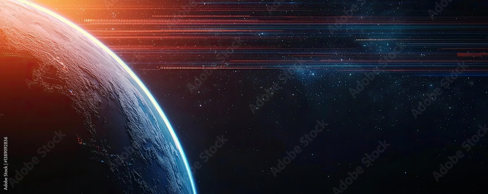Poster Earth with glowing network and wireless internet grid concept. A stunning view of Earth from space with cosmic elements.