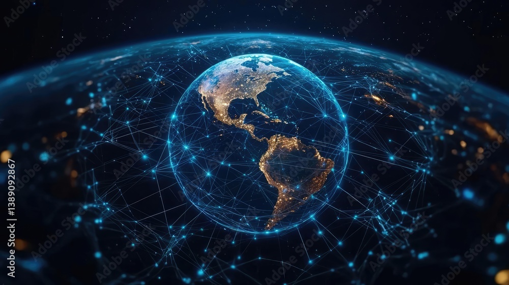 Aufkleber Earth with glowing network highlighting global cloud data concept. A digital representation of Earth connected by networks.