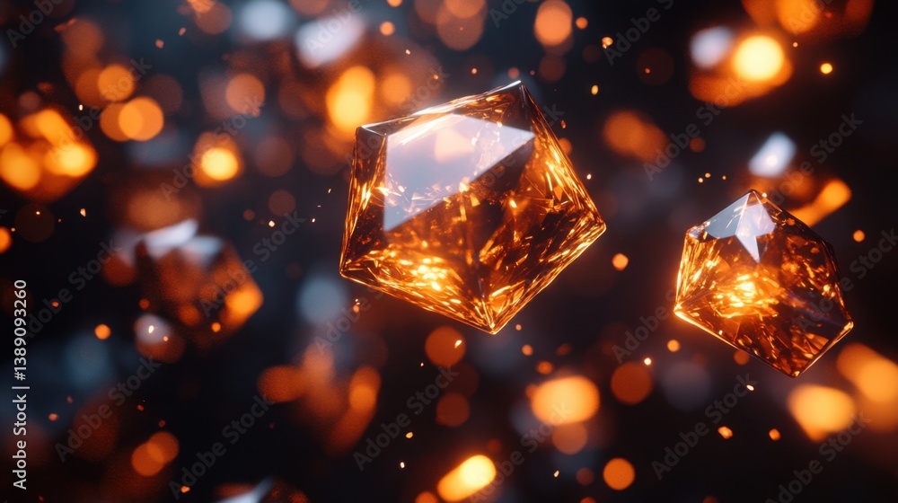 Aufkleber abstract glowing crystal gems floating in dark space with bokeh lights and warm tones for digital ar