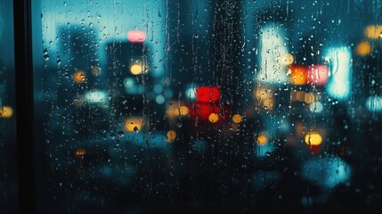 Obraz premium Rainy Night Cityscape: A View Through a Rain-Streaked Window
