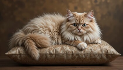 Obraz premium Fluffy Longhair Cat on Ornate Golden Pillow Against Brown Background