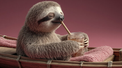 Obraz premium cute sloth enjoying drink while relaxing in cozy boat, radiating sense of calm and contentment