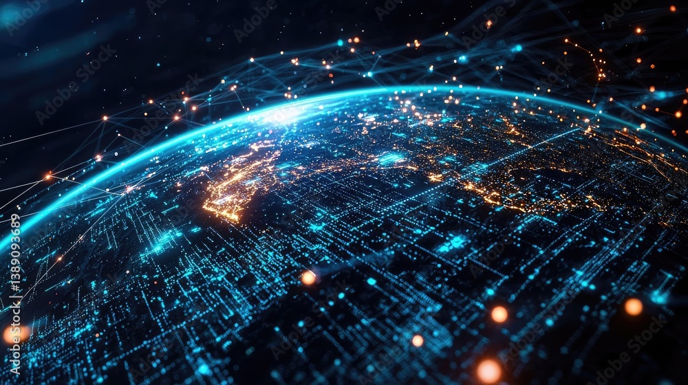 Poster Earth with glowing network powered by cloud technology concept. Futuristic digital visualization of Earth with glowing connections.