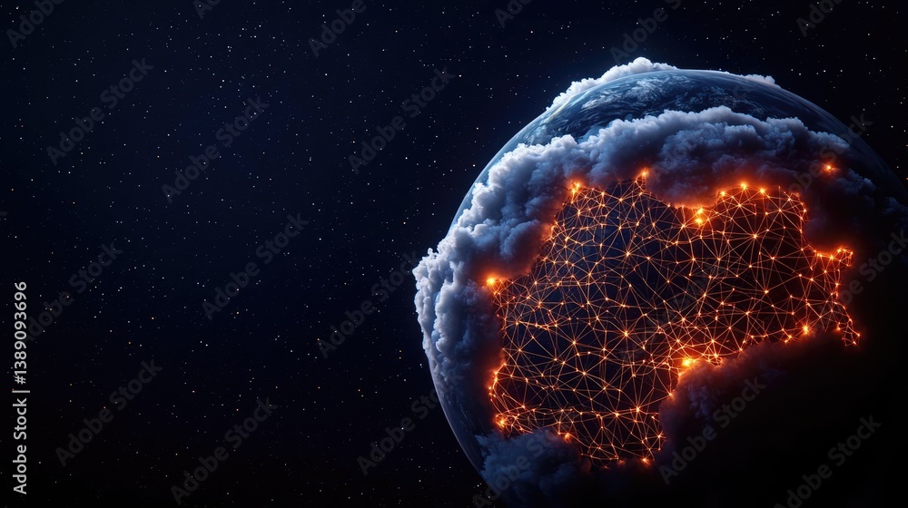 Aufkleber Earth with glowing network highlighting global cloud data concept. Stunning visualization of Earth with illuminated network connections.