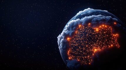 Earth with glowing network highlighting global cloud data concept. Stunning visualization of Earth with illuminated network connections.