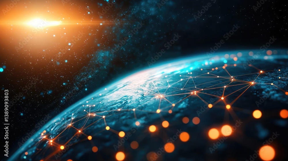 Poster Earth with glowing network and wireless internet grid concept. Stunning digital depiction of Earth with glowing network connections.