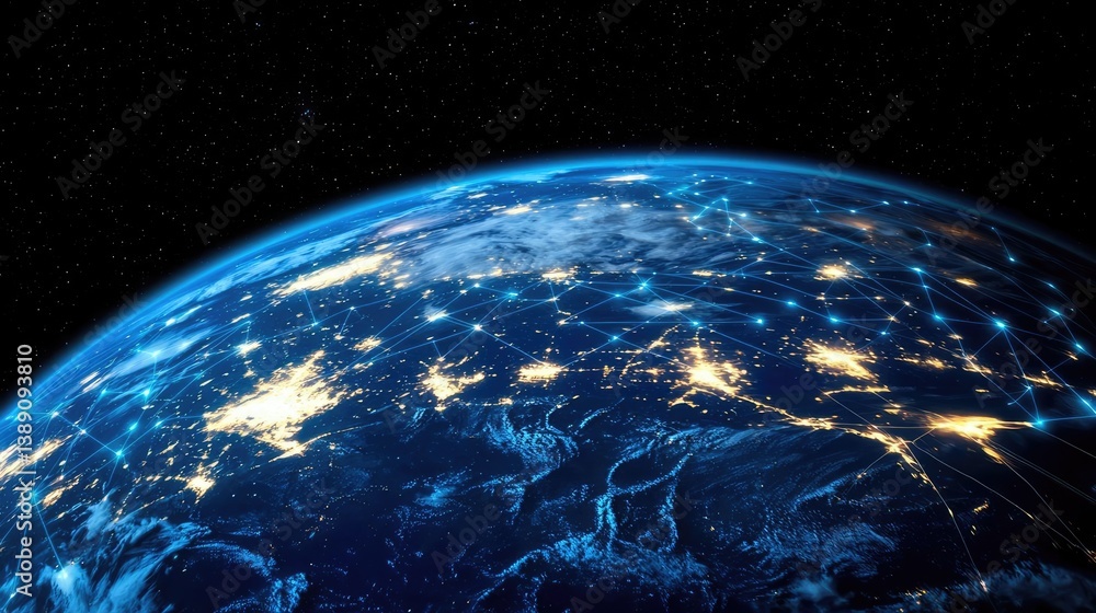 Aufkleber Earth with glowing network highlighting global cloud data concept. A stunning view of Earth from space, glowing with vibrant networks.