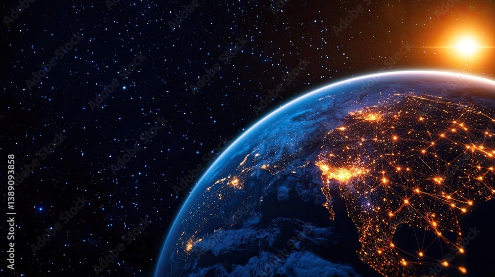 Poster Earth with glowing network and wireless internet grid concept. A breathtaking view of Earth from space, illuminated at night.