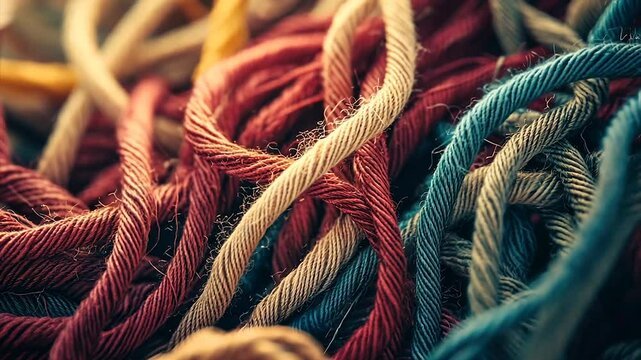 Close-up of tangled colorful threads, textured and interwoven