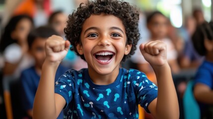 A lively classroom where children are presenting their science fair projects with excitement