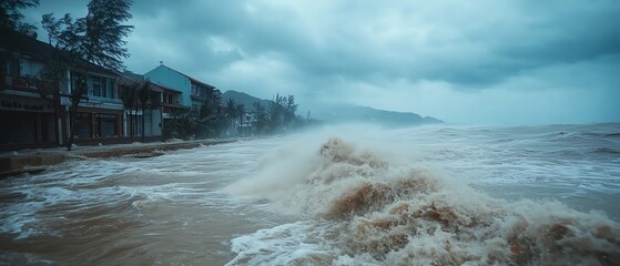 typhoon sweeping across island, coastal flooding, violent winds, torrential rains, destruction and damage, thunderstorm disaster, adverse weather effects