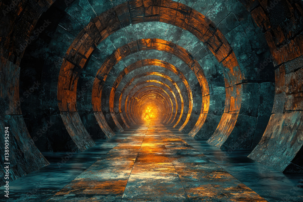 Poster a mesmerizing, circular stone tunnel with a glowing end, evoking mystery and ancient architecture.