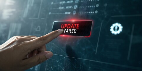 Hand pressing a glowing red "Update Failed" button on futuristic digital interface, showcasing technology malfunction, software troubleshooting, and innovation challenges