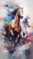 Two Majestic Horses Running Abstract Colorful Painting Dynamic Energy