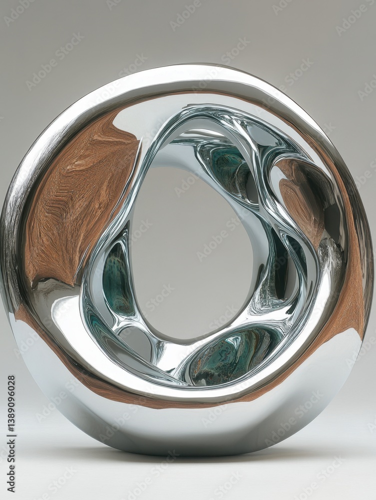 Poster abstract chrome sculpture with intricate openings and captivating reflections on a neutral backdrop 
