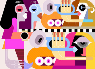 People listen to music at a concert, the musicians play the trumpets. Graphic illustration.