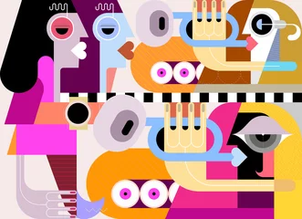 Fotobehang People listen to music at a concert, the musicians play the trumpets. Graphic illustration. ©  danjazzia