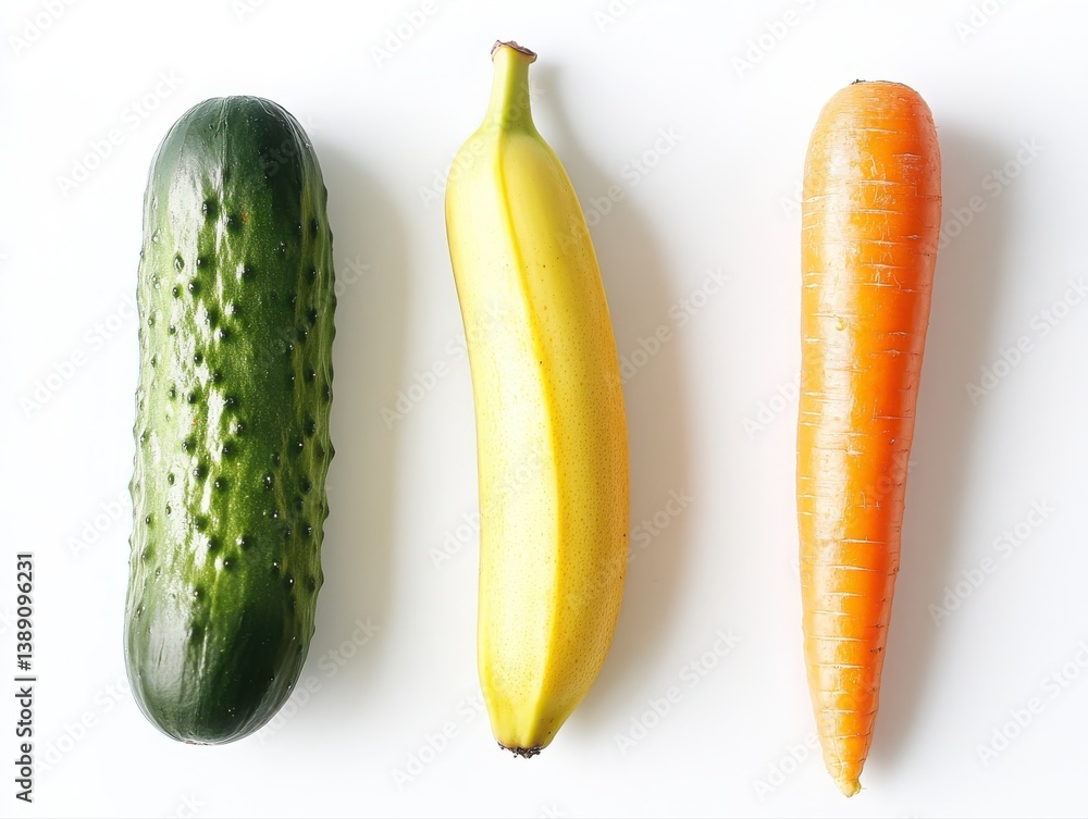 Poster three different types of fruits and vegetables are shown in a row on a white background. the first i