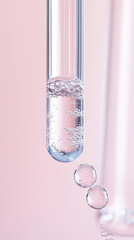 Bubbling test tube with water and air bubbles on pink background